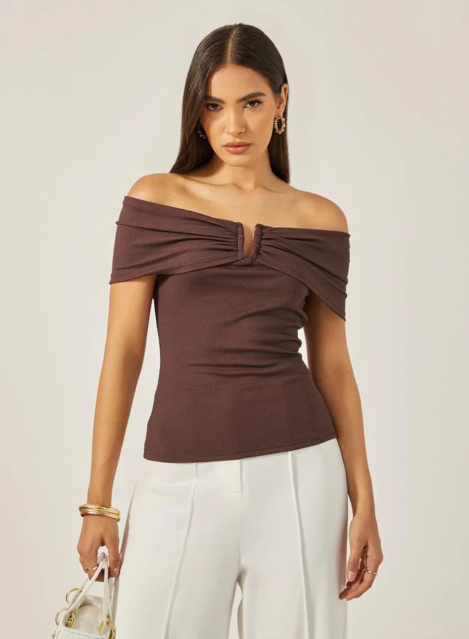 Styli Off Shoulder Rib Knit Fitted Top